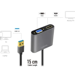 Adapter LogiLink USB-A 3.0 till HDMI-Hona + VGA-Hona