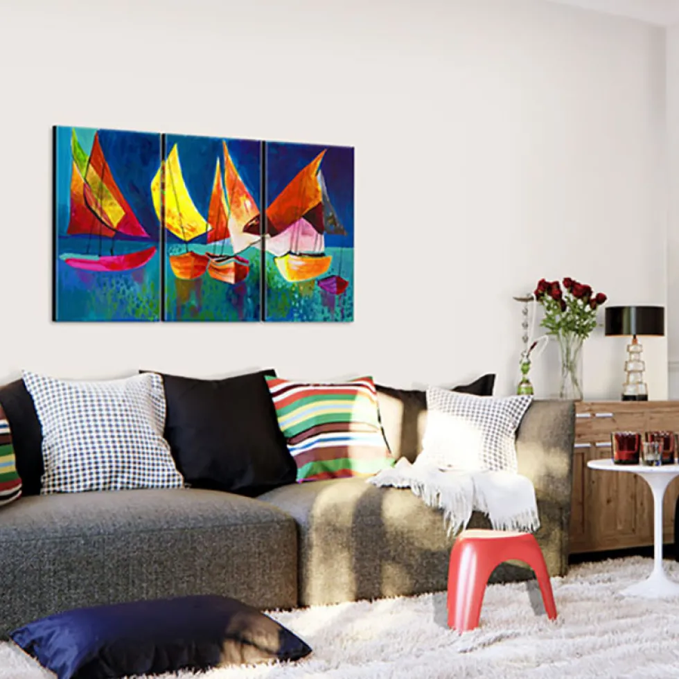 Handmålad Tavla Arkiio Färgfulla Segelbåtar 120x80