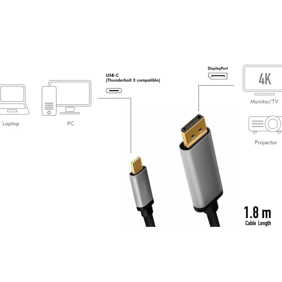 Kabel LogiLink USB-C till DisplayPort 4K/60Hz Aluminium 1,8 m
