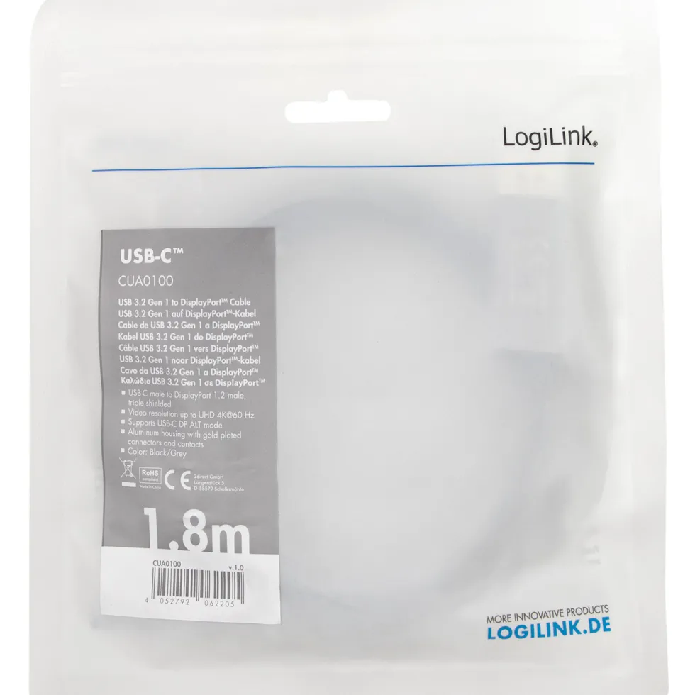 Kabel LogiLink USB-C till DisplayPort 4K/60Hz Aluminium 1,8 m