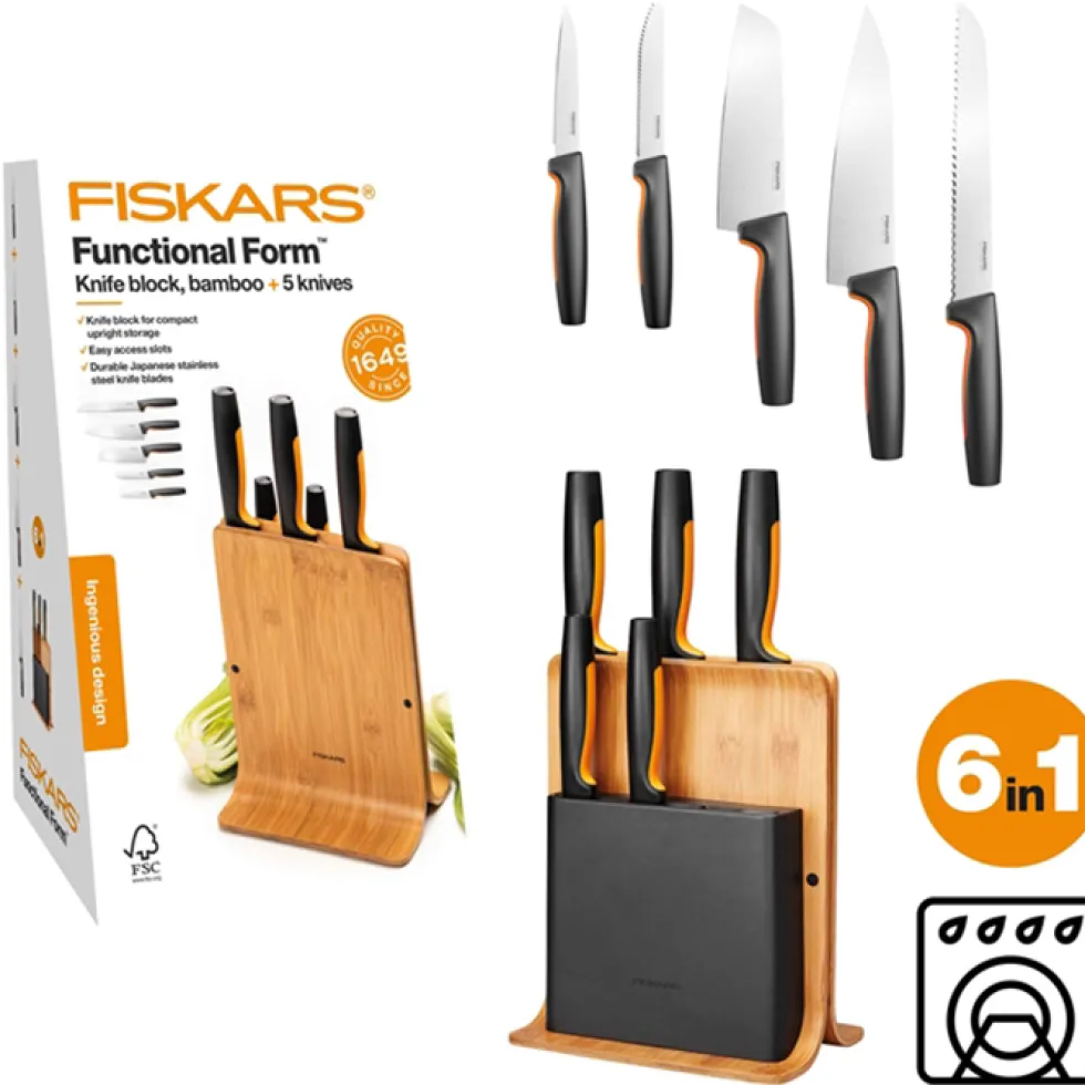 Knivblock Fiskars Functional Form i Miljövänligt Bambu Inkl 5 Proffessionella Knivar