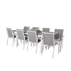 Matgrupp Venture Home Aleyna 160/240 med 8 Pincy StolarGrå Bord med Vita Ben, Grå Stol med Vita Ben