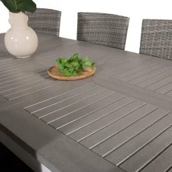 Matgrupp Venture Home Aleyna 160/240 med 8 Milwa StolarGrå Bord med Vita Ben, Grå Stol med Grå Dyna