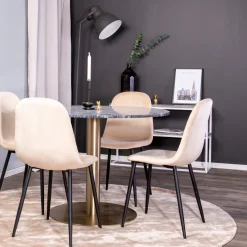 Matgrupp Venture Home Estelle Rund med 4 Pobbie Stolar SammetSvart Bord med Mässingsben, Beige Stol med Svarta Ben