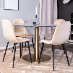 Matgrupp Venture Home Estelle Rund med 4 Pobbie Stolar SammetSvart Bord med Mässingsben, Beige Stol med Svarta Ben