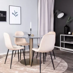 Matgrupp Venture Home Estelle Rund med 4 Pobbie Stolar SammetSvart Bord med Mässingsben, Beige Stol med Svarta Ben