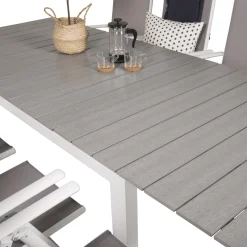 Matgrupp Venture Home Lova 160/240 med 8 Bront StolarGrå Bord med Vita Ben, Grå Stol med Vita Ben