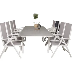 Matgrupp Venture Home Lova 160/240 med 8 Bront StolarGrå Bord med Vita Ben, Grå Stol med Vita Ben
