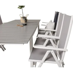 Matgrupp Venture Home Lova 160/240 med 8 Bront StolarGrå Bord med Vita Ben, Grå Stol med Vita Ben