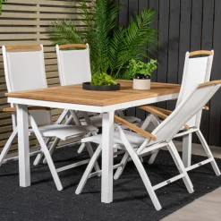 Matgrupp Venture Home Perla 160/240 med 4 StolarTeak Bord med Matt Vita Ben, Vit Stol