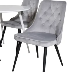 Matgrupp Venture Home Plake med 4 Vera Stolar Sammet RuntVitt Bord, Ljusgrå Stol, Svarta Ben