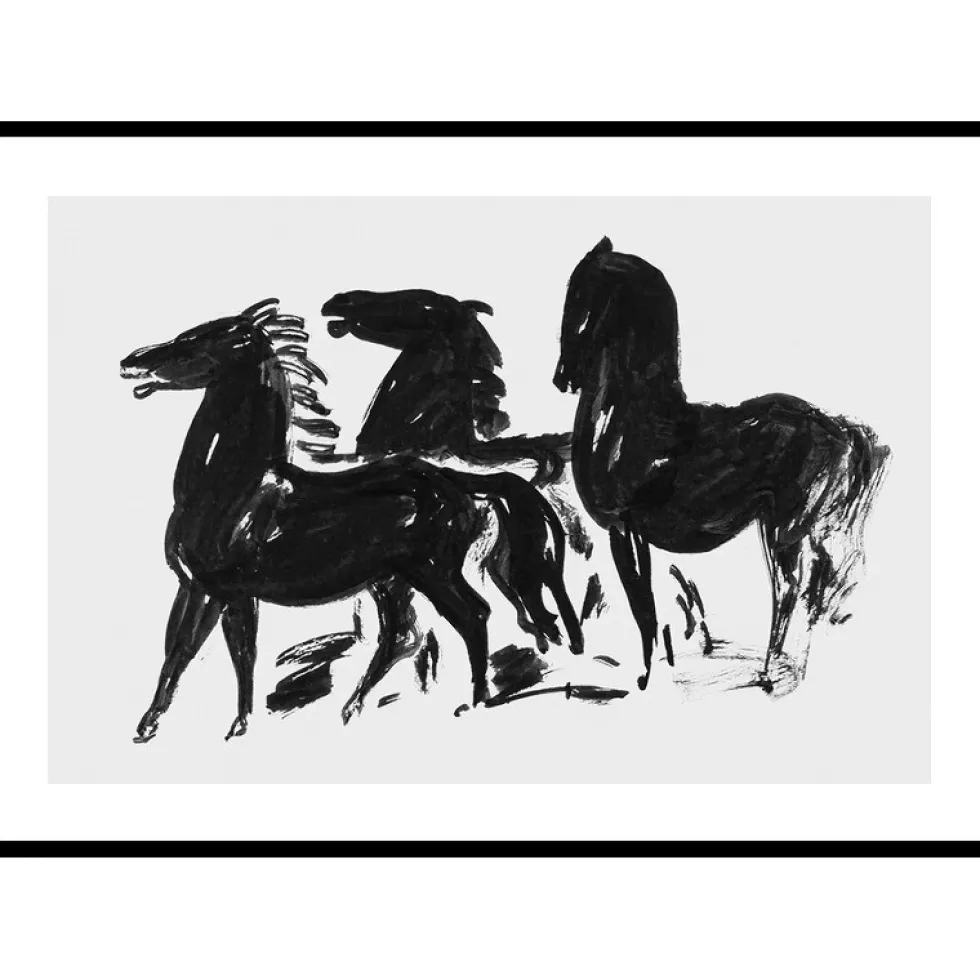 Poster Gallerix Drie Zwarte Paarden Staand Naar Links Kijkend By Leo Gestel