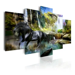 Tavla Arkiio Black Horse On The Background Of Paradise Waterfall