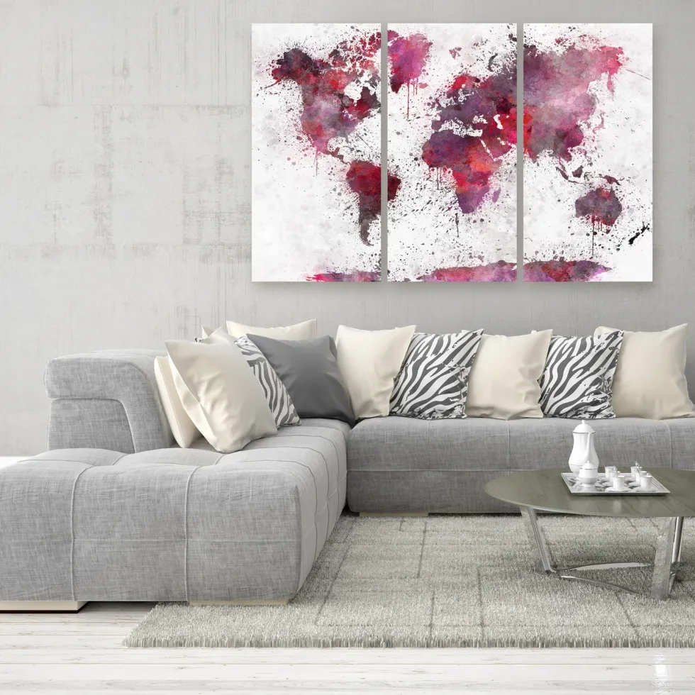 Tavla Arkiio World Map Red Watercolors 3 delar