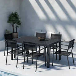 Trädgårdsmatgrupp Venture Home Capo Rektangulärt Matbord 160/240x100x75 Svart med Copacabana Trädgårdsstolar 6 st Svart