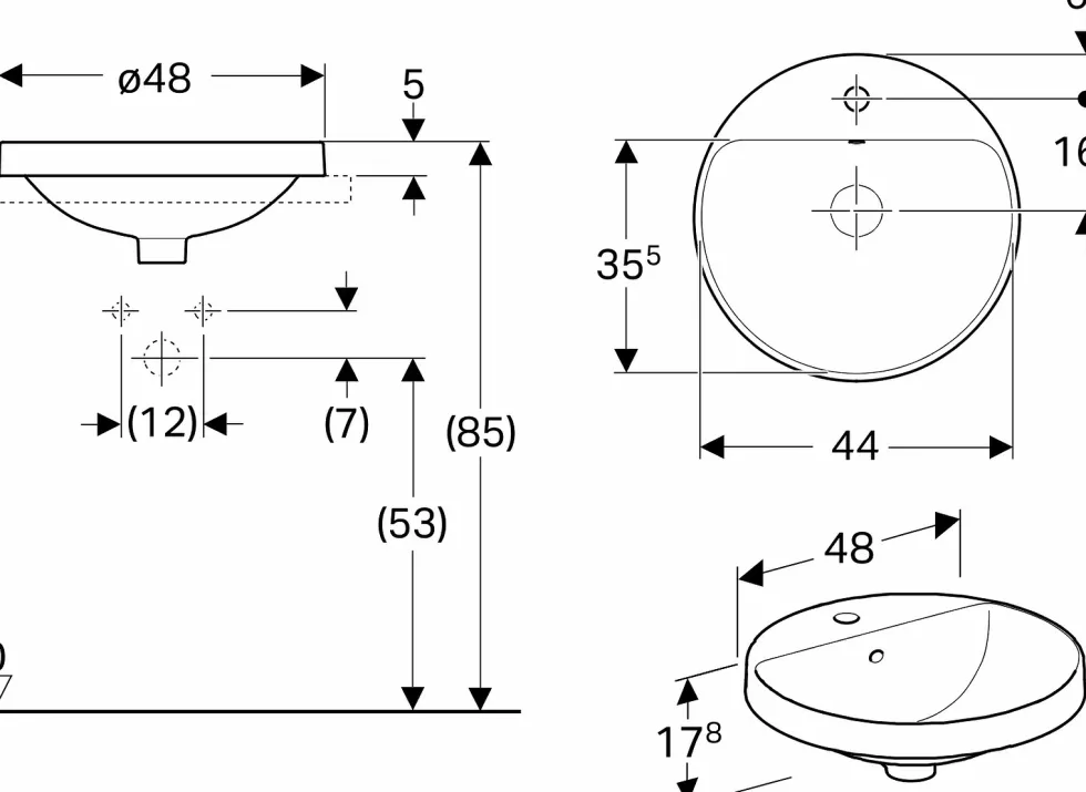 Tvättställ Geberit Variform 480 mm Infälld Runt KanthyllaUtan Bräddavlopp