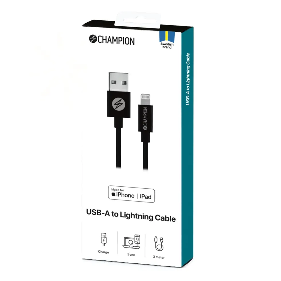 USB-A Champion till Lightning Kabel 3m Svart