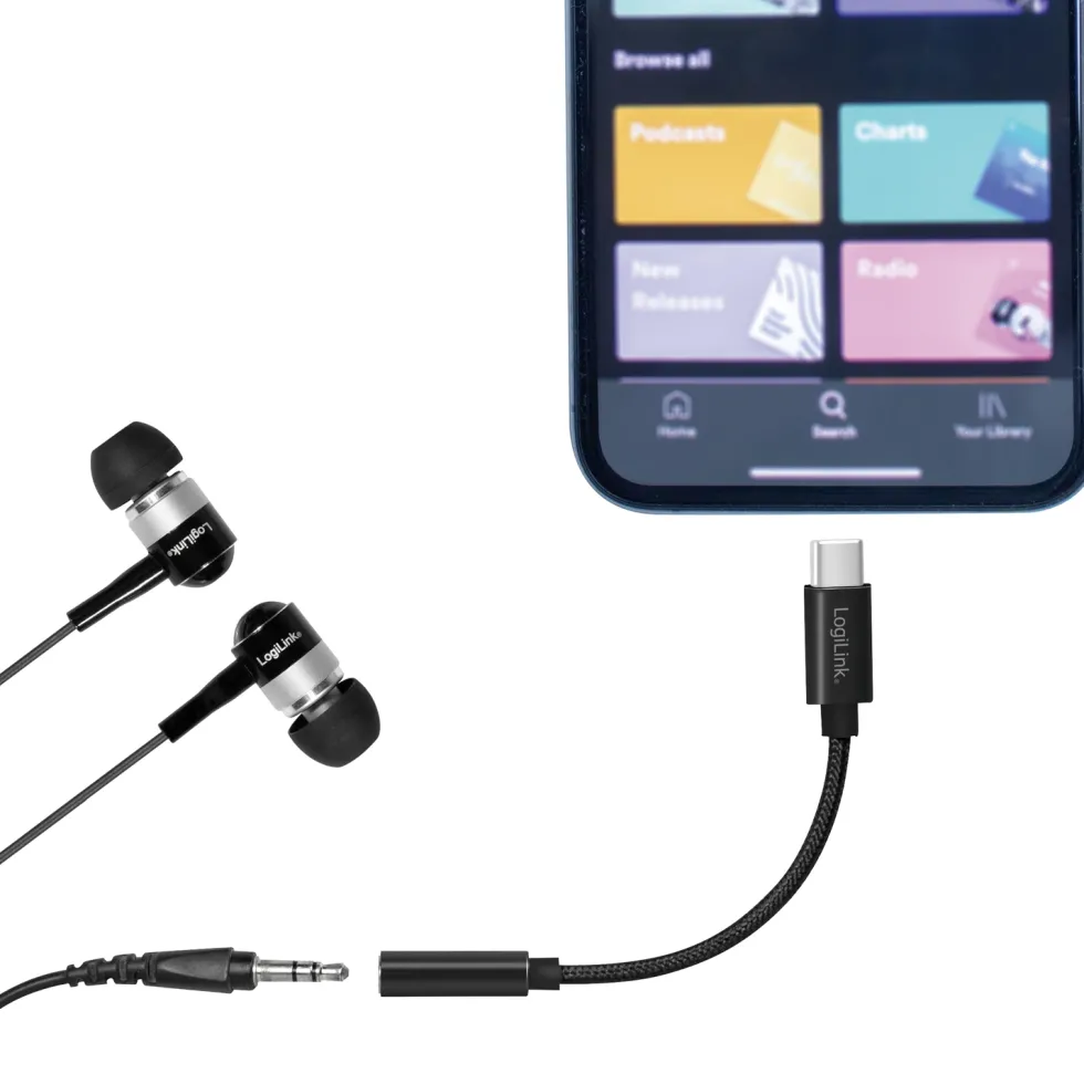 USB-C 3,5mm-ljudadapter LogiLink Med DAC 13cm Nylonkabel