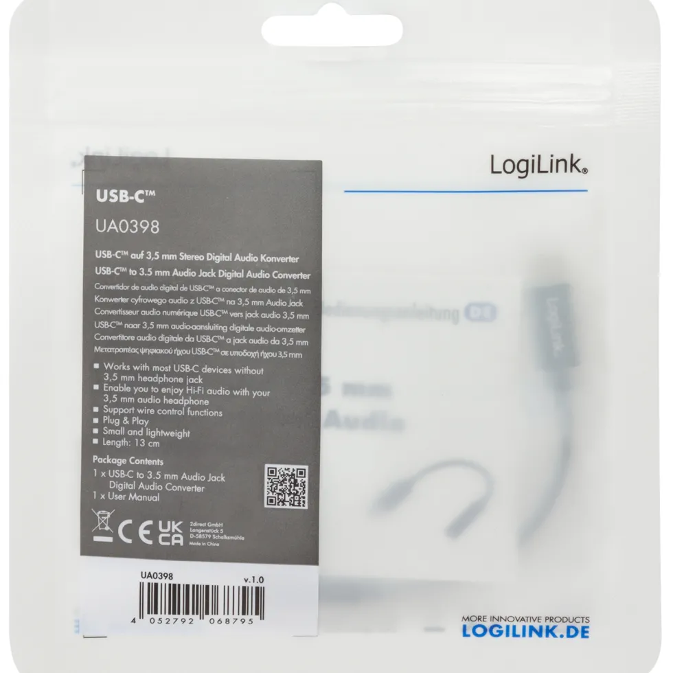 USB-C 3,5mm-ljudadapter LogiLink Med DAC 13cm Nylonkabel