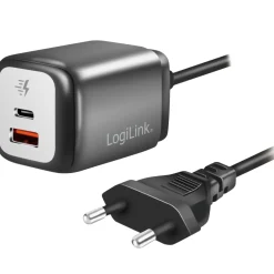 USB-laddare LogiLink 1xUSB-A + 1xUSB-C Med Fast Kabel 1,5m GaN 30W