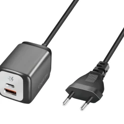 USB-laddare LogiLink 1xUSB-A + 1xUSB-C Med Fast Kabel 1,5m GaN 30W