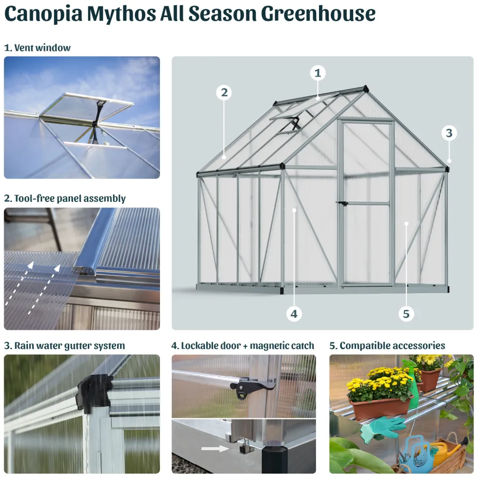 Växthus Canopia by Palram Mythos Aluminiumram med UV-Skyddad Polykarbonat & Ventilationsfönster, 7,9 m²