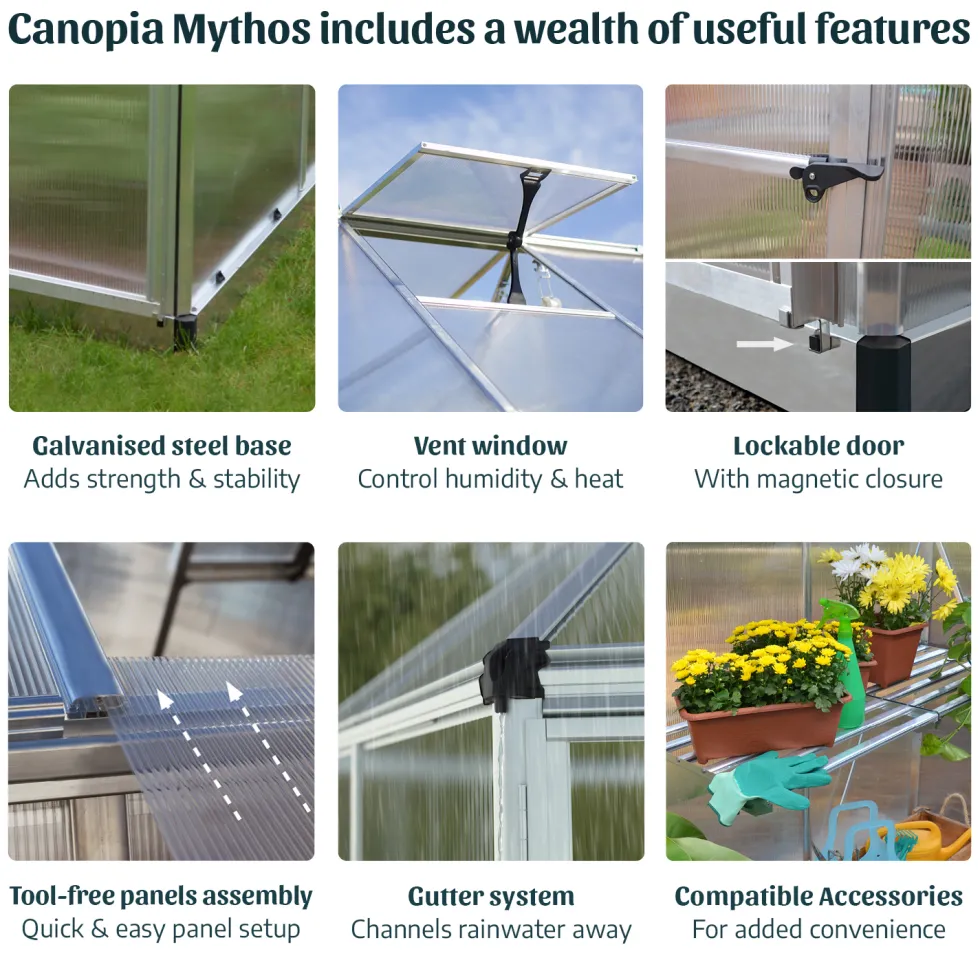 Växthus Canopia by Palram Mythos Aluminiumram med UV-Skyddad Polykarbonat & Ventilationsfönster, 7,9 m²