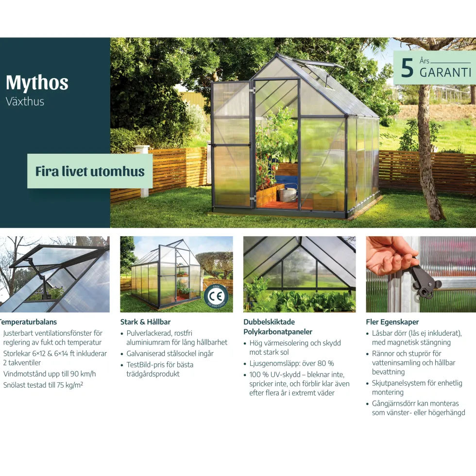 Växthus Canopia by Palram Mythos Aluminiumram med UV-Skyddad Polykarbonat & Ventilationsfönster, 7,9 m²