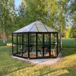Växthus/Orangeri Metalcraft Hexagon Svart Aluminiumstomme med UV-Skyddat & Härdat Säkerhetsglas, 12,6 m²