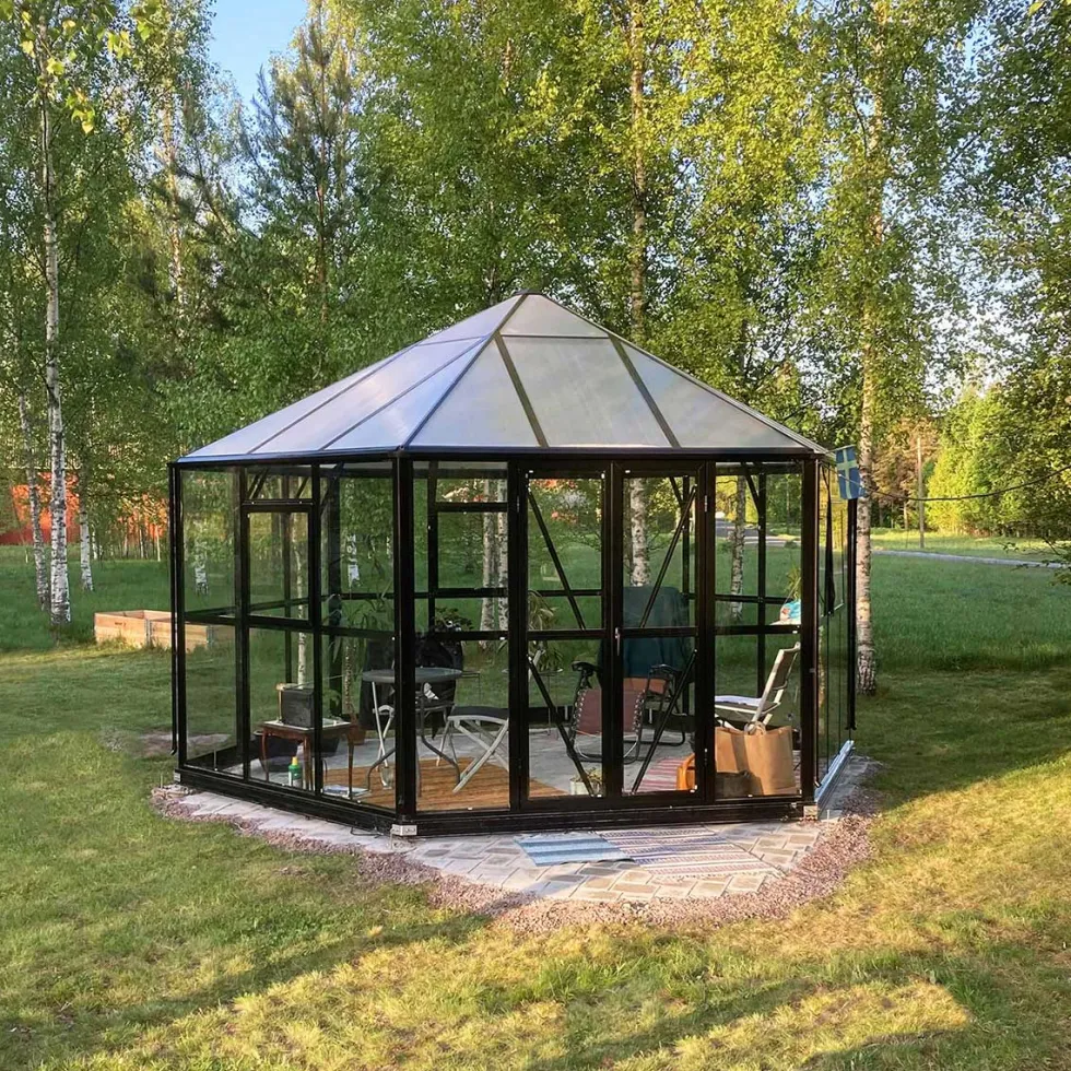 Växthus/Orangeri Metalcraft Hexagon Svart Aluminiumstomme med UV-Skyddat & Härdat Säkerhetsglas, 12,6 m²