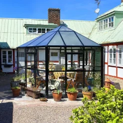 Växthus/Orangeri Metalcraft Hexagon Svart Aluminiumstomme med UV-Skyddat & Härdat Säkerhetsglas, 12,6 m²